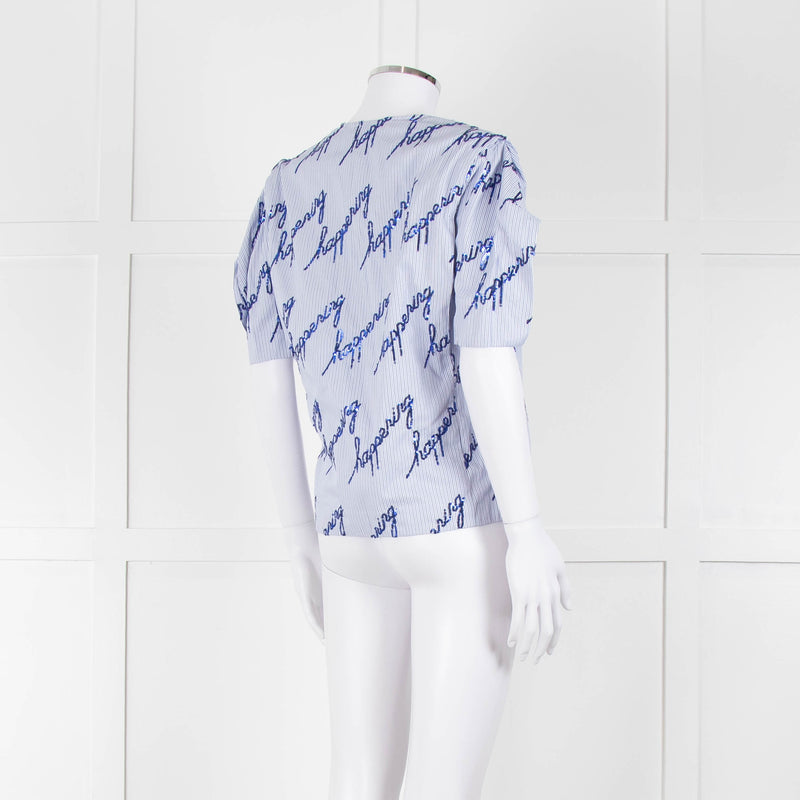 Sandro Blue And White Striped Top With Blue Sequin 'happening' Words