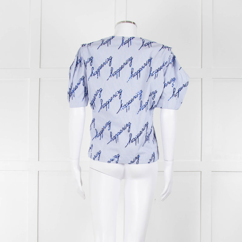 Sandro Blue And White Striped Top With Blue Sequin 'happening' Words