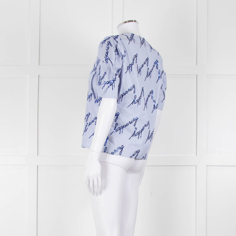 Sandro Blue And White Striped Top With Blue Sequin 'happening' Words