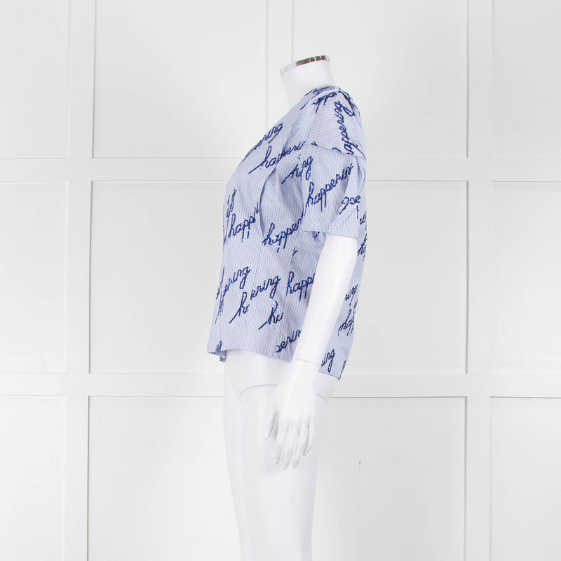 Sandro Blue And White Striped Top With Blue Sequin 'happening' Words