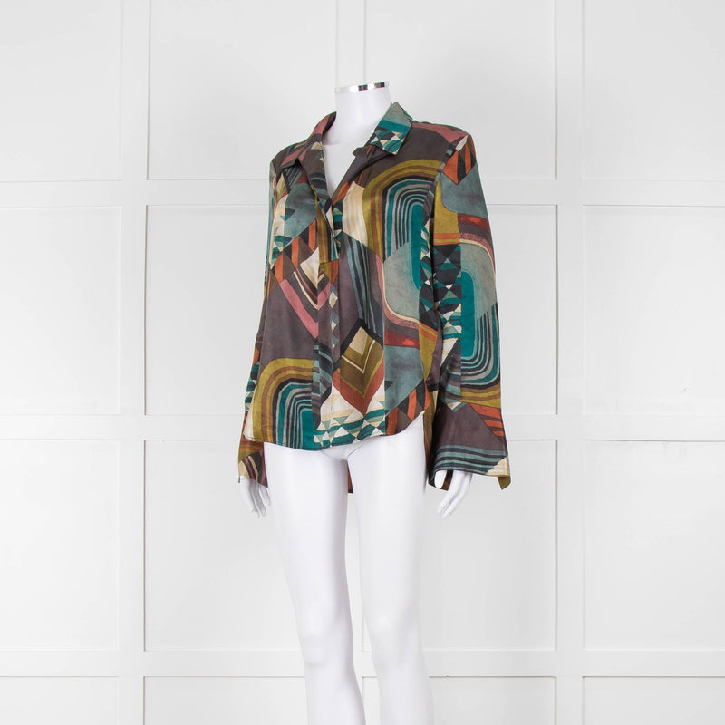 Dea Kudibal Khaki Abstract Silk Blouse