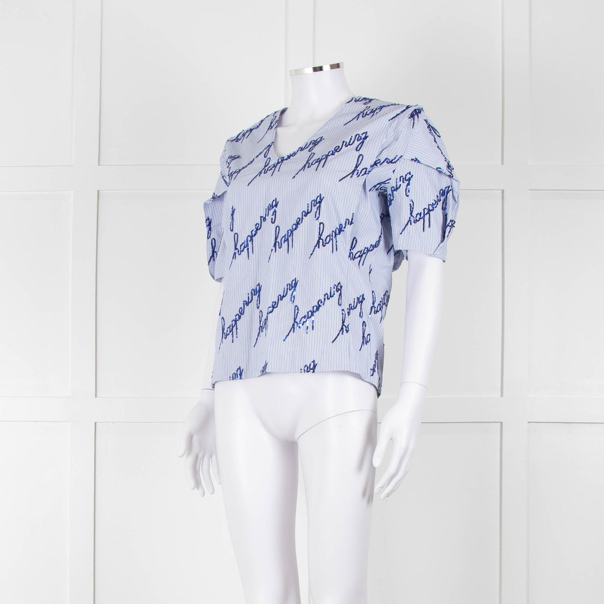 Sandro Blue And White Striped Top With Blue Sequin 'happening' Words