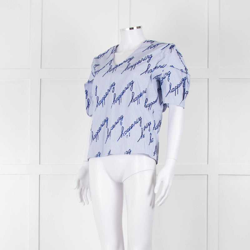 Sandro Blue And White Striped Top With Blue Sequin 'happening' Words