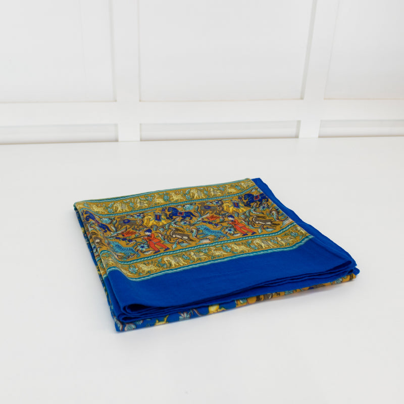 Hermes Blue Yellow  Cashmere Blend Chasse En Inde Shawl