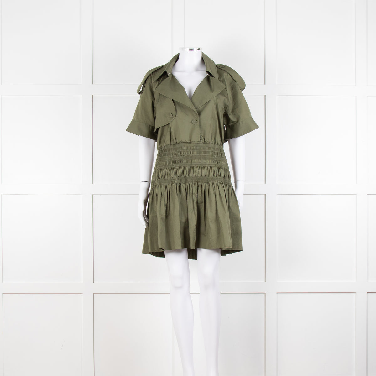 Self-Portrait Green Shirred Waist Trench Style Mini Dress