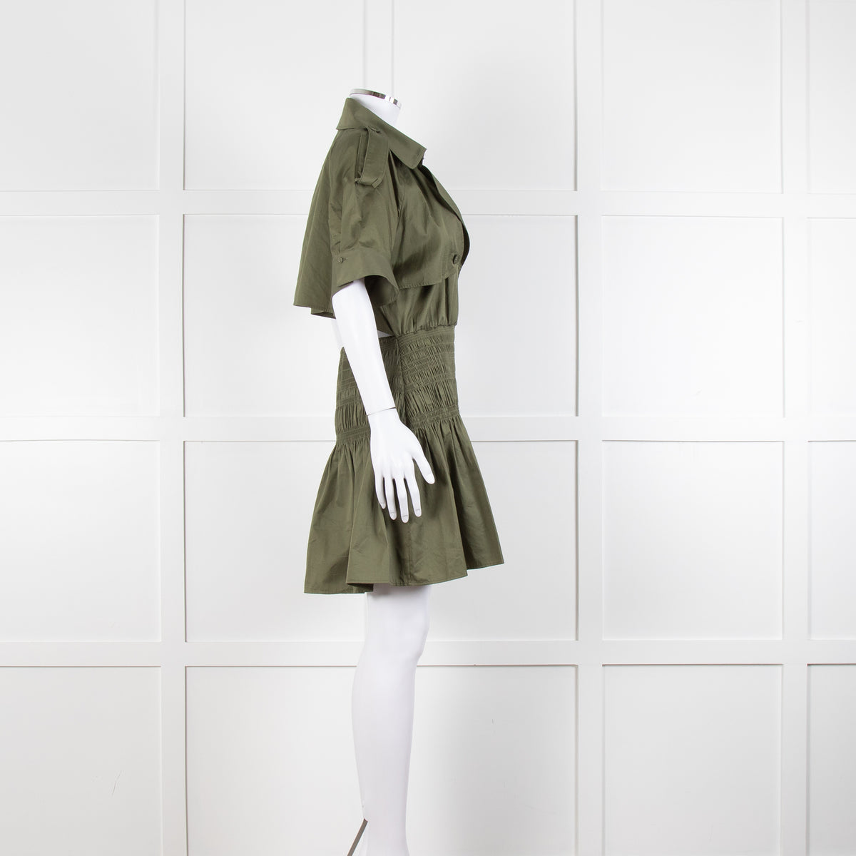 Self-Portrait Green Shirred Waist Trench Style Mini Dress
