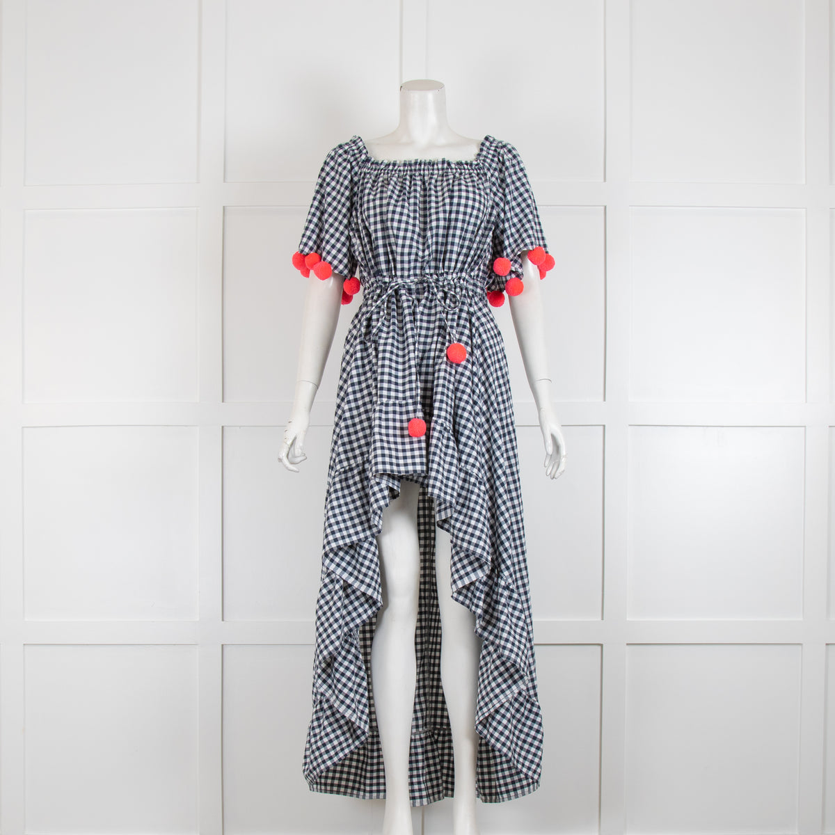Sundress Navy & White Check Dress with Dipped Hem & Pom Poms