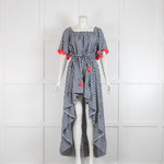 Sundress Navy & White Check Dress with Dipped Hem & Pom Poms