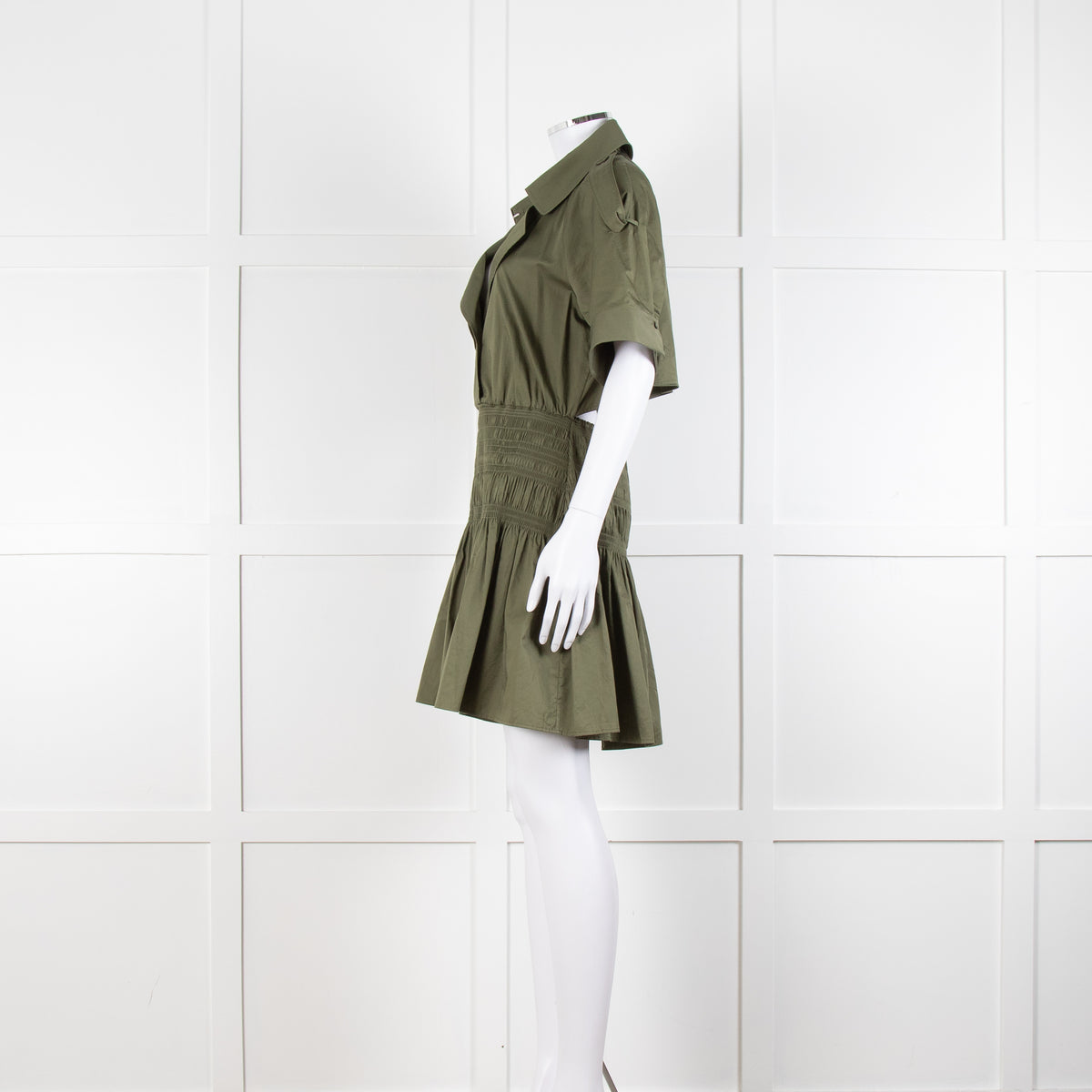 Self-Portrait Green Shirred Waist Trench Style Mini Dress