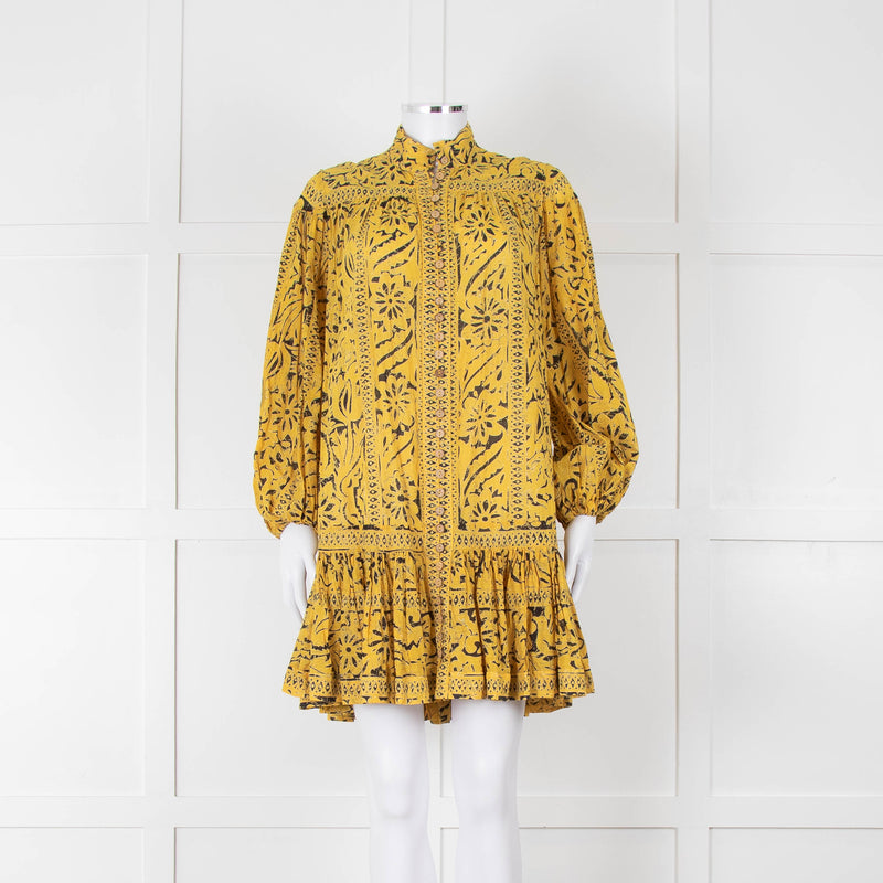 Zimmermann Yellow & Black Cotton Patterned Short Dress With Frill Hem