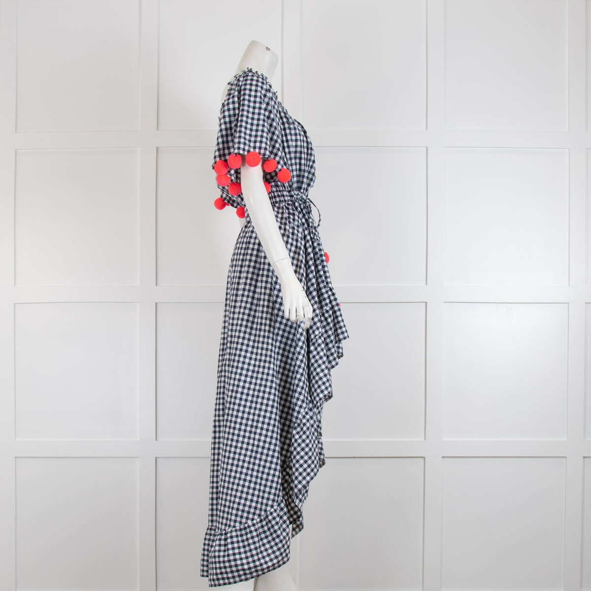 Sundress Navy & White Check Dress with Dipped Hem & Pom Poms