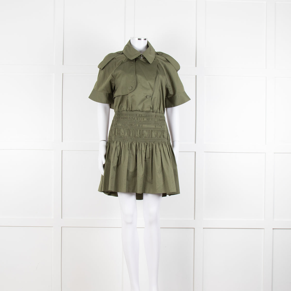 Self-Portrait Green Shirred Waist Trench Style Mini Dress