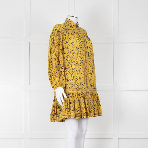 Zimmermann Yellow & Black Cotton Patterned Short Dress With Frill Hem