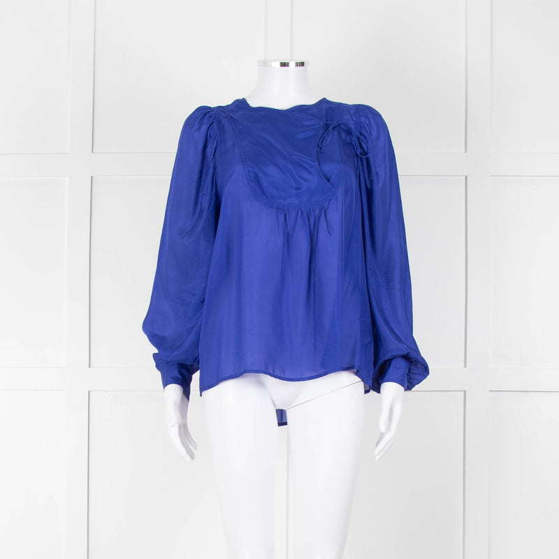 Munthe Blue Silk Blouse With Bib Front & Ties