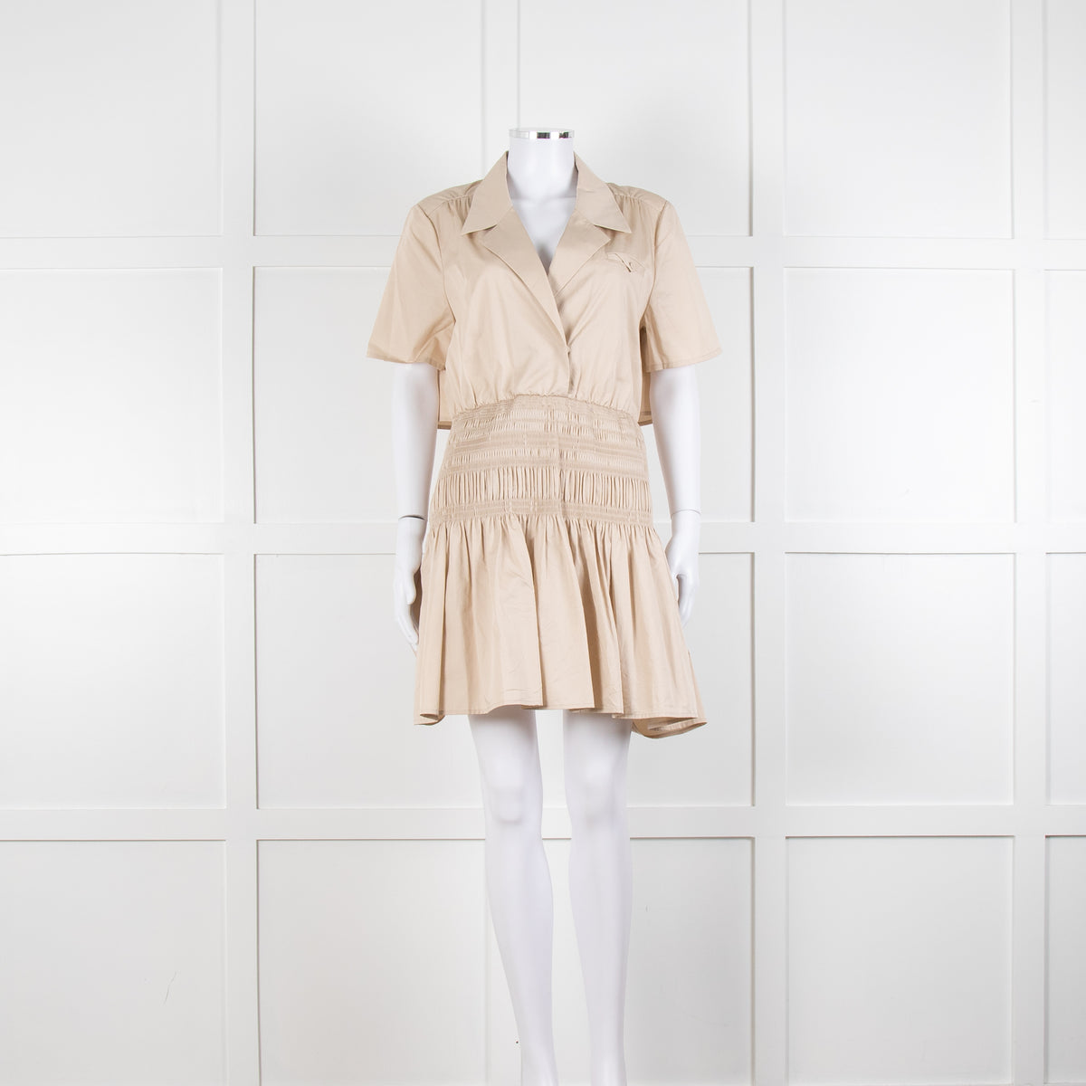 Self-Portrait Beige Smocked Waist Open Back Mini Dress