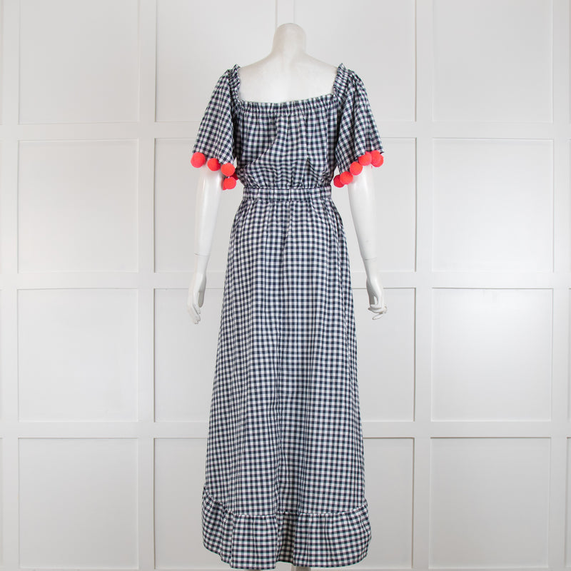 Sundress Navy & White Check Dress with Dipped Hem & Pom Poms