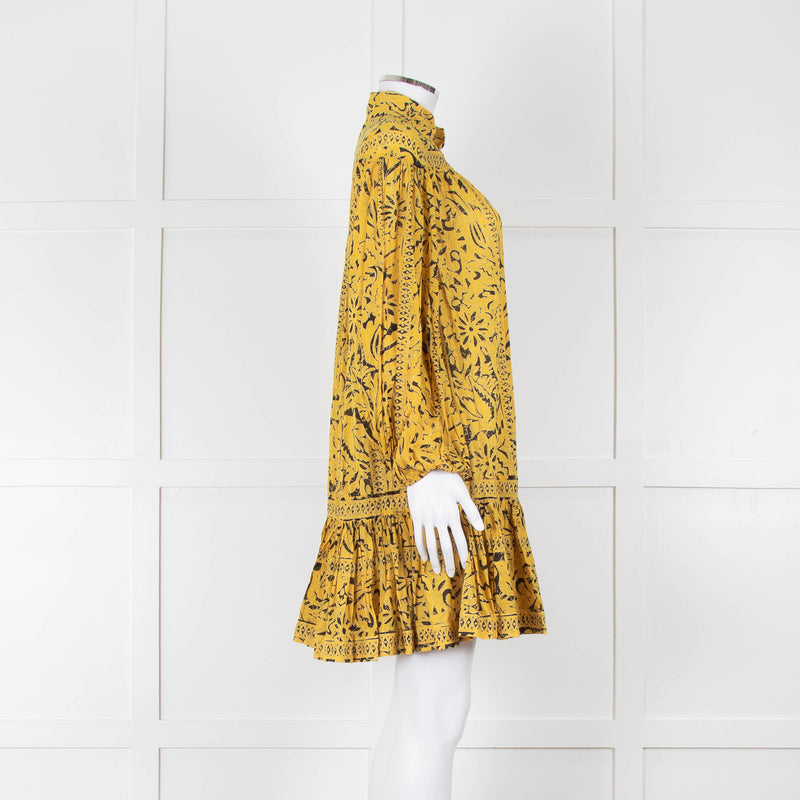 Zimmermann Yellow & Black Cotton Patterned Short Dress With Frill Hem