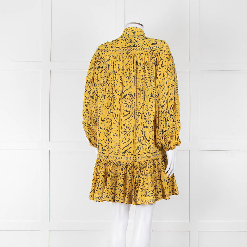 Zimmermann Yellow & Black Cotton Patterned Short Dress With Frill Hem