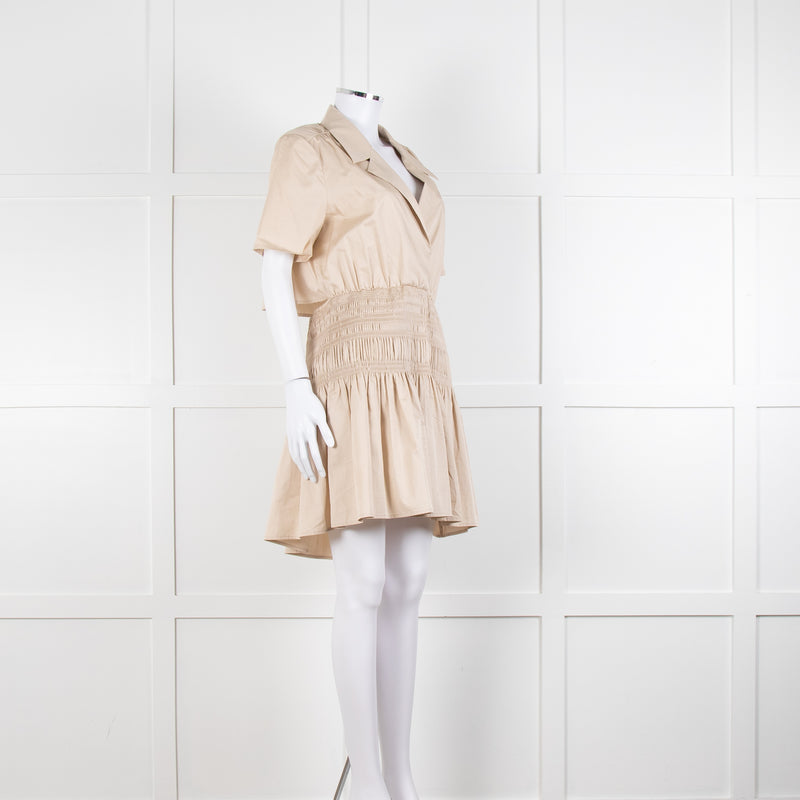 Self-Portrait Beige Smocked Waist Open Back Mini Dress
