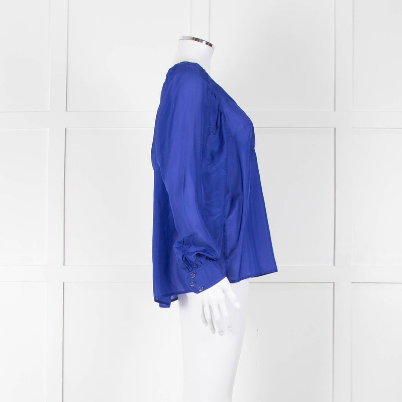 Munthe Blue Silk Blouse With Bib Front & Ties