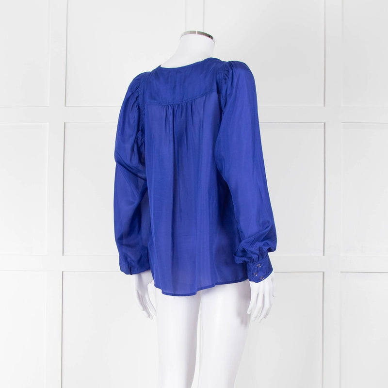Munthe Blue Silk Blouse With Bib Front & Ties