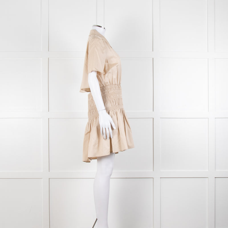 Self-Portrait Beige Smocked Waist Open Back Mini Dress