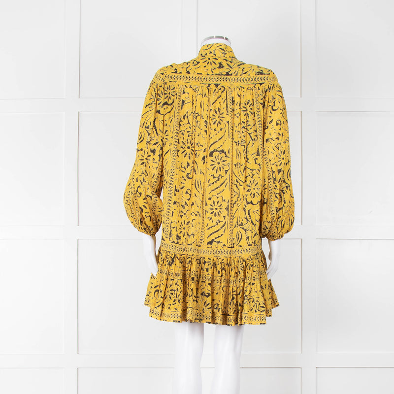 Zimmermann Yellow & Black Cotton Patterned Short Dress With Frill Hem
