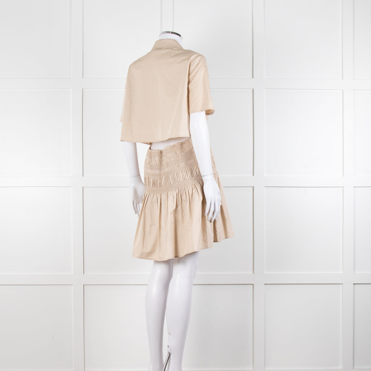 Self-Portrait Beige Smocked Waist Open Back Mini Dress