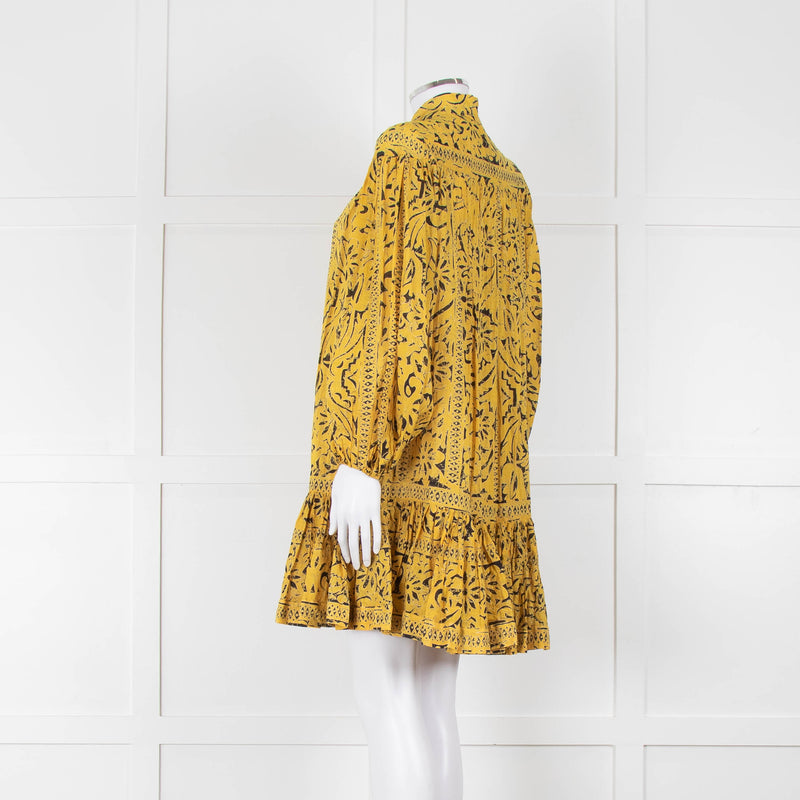 Zimmermann Yellow & Black Cotton Patterned Short Dress With Frill Hem
