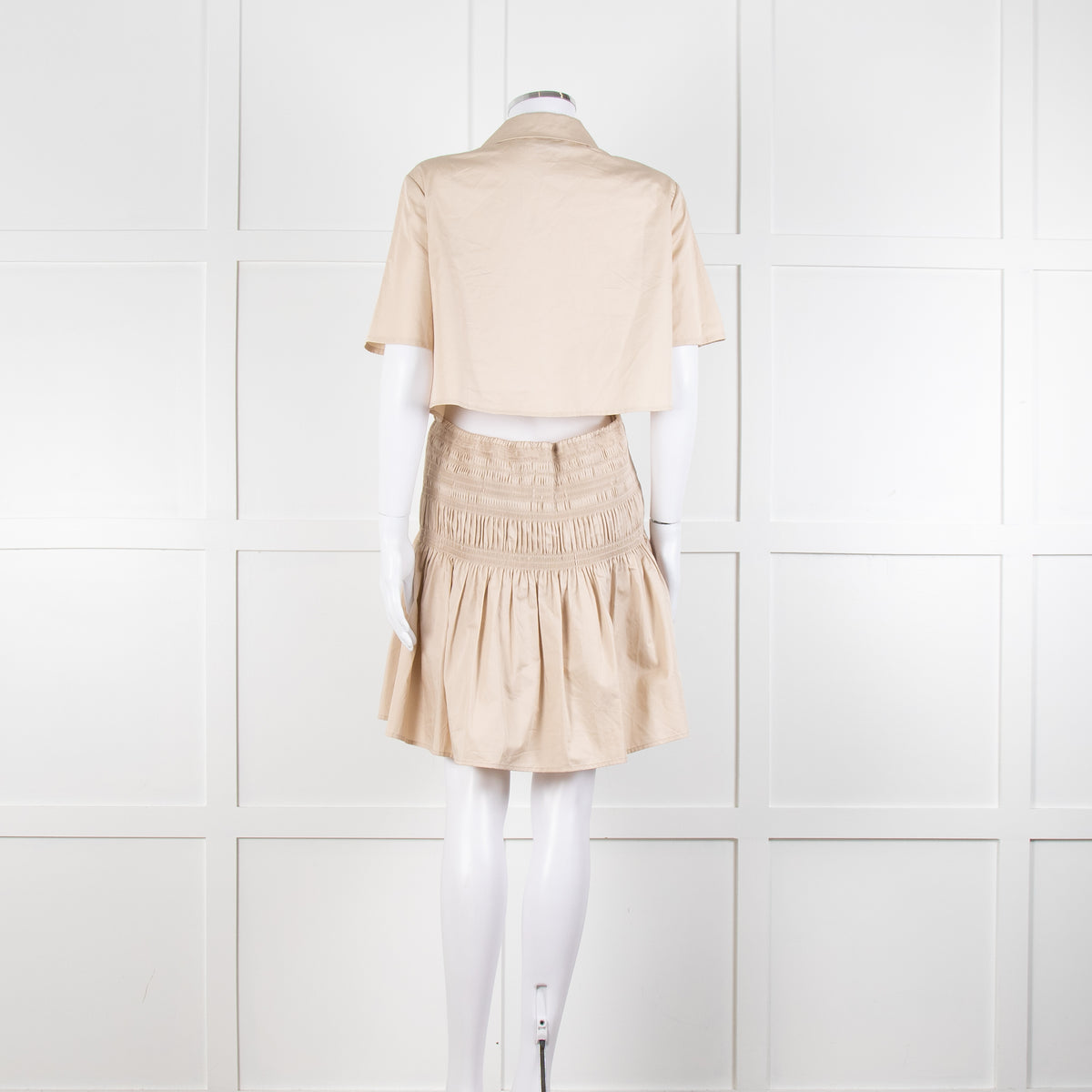 Self-Portrait Beige Smocked Waist Open Back Mini Dress