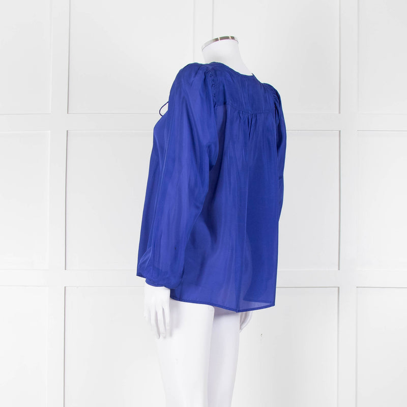 Munthe Blue Silk Blouse With Bib Front & Ties