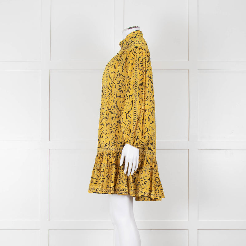 Zimmermann Yellow & Black Cotton Patterned Short Dress With Frill Hem