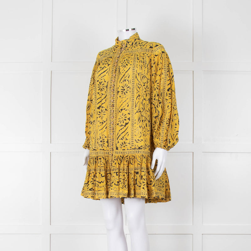 Zimmermann Yellow & Black Cotton Patterned Short Dress With Frill Hem