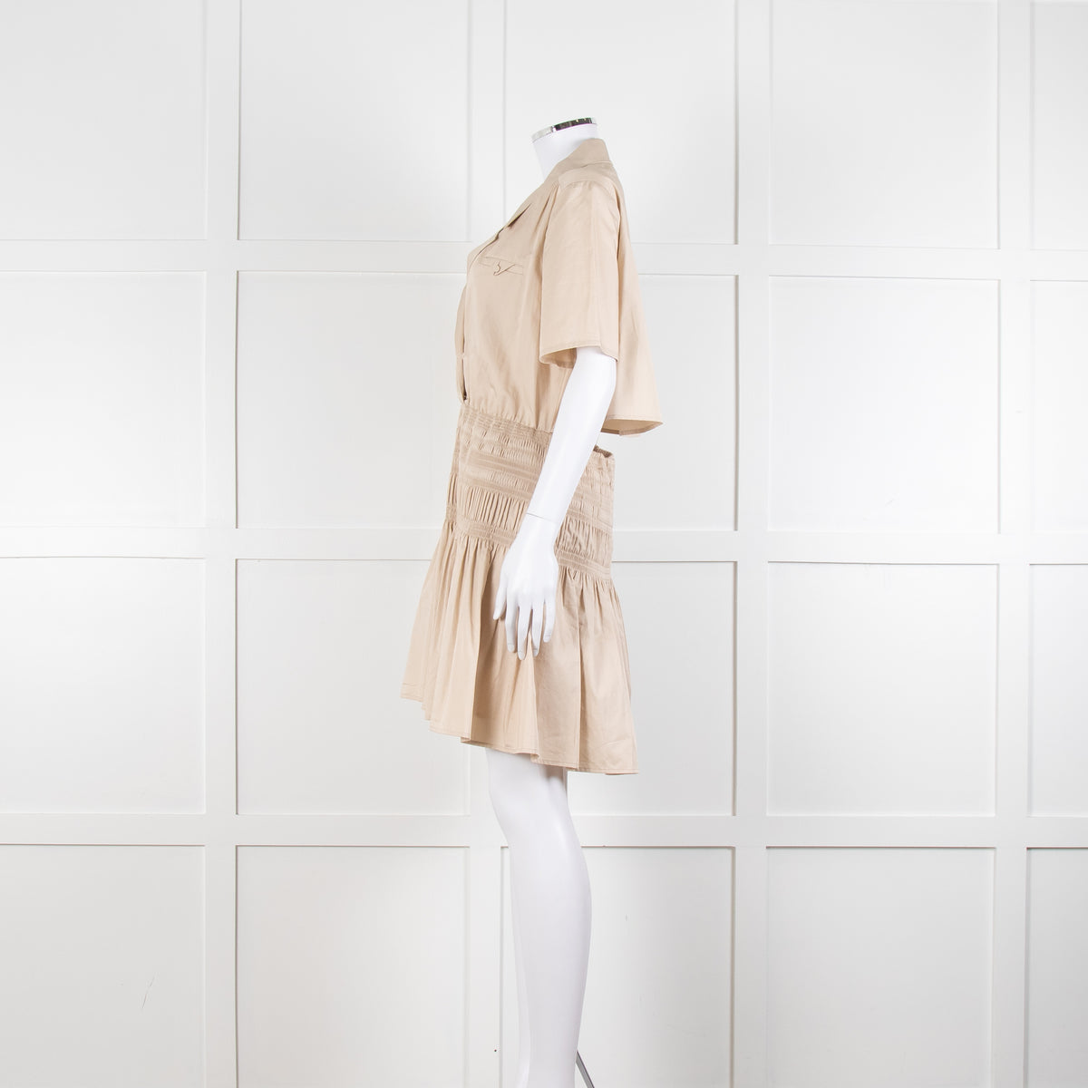 Self-Portrait Beige Smocked Waist Open Back Mini Dress