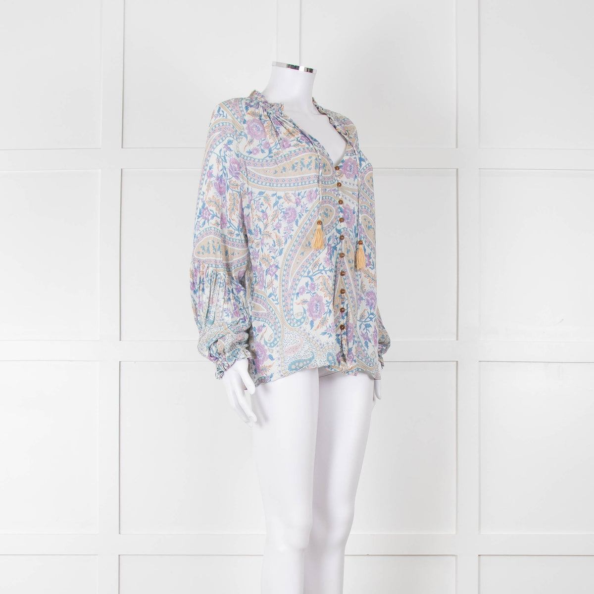 Spell Multicoloured Floral L/Sleeve Cotton Top With Tassels