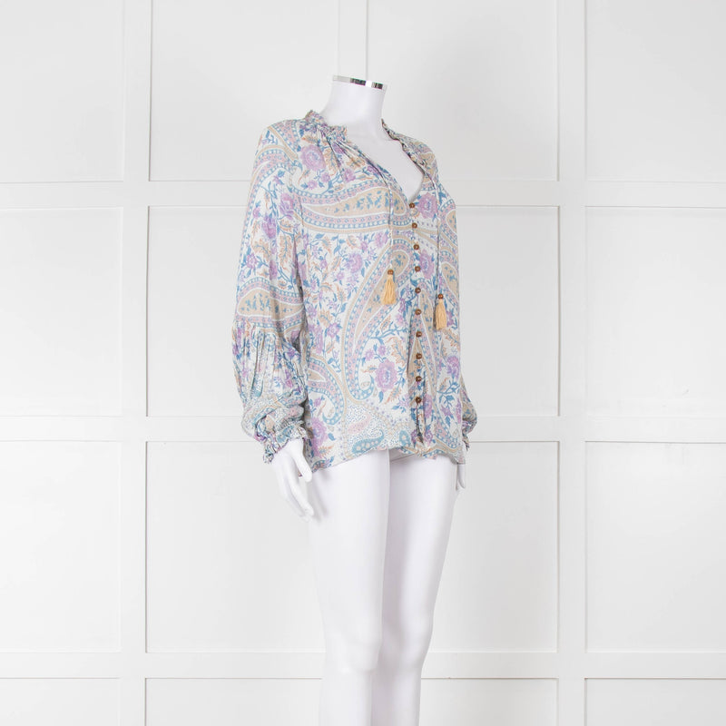Spell Multicoloured Floral L/Sleeve Cotton Top With Tassels