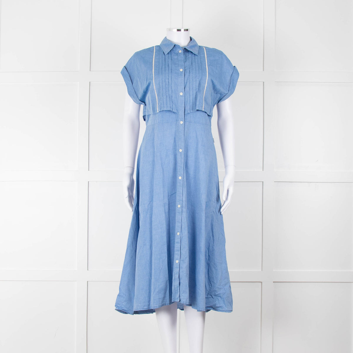 Woolrich Pale Blue Cotton Short Sleeve Dress With Button Front