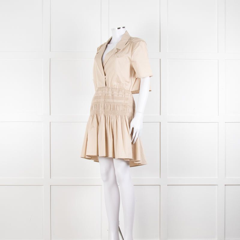 Self-Portrait Beige Smocked Waist Open Back Mini Dress