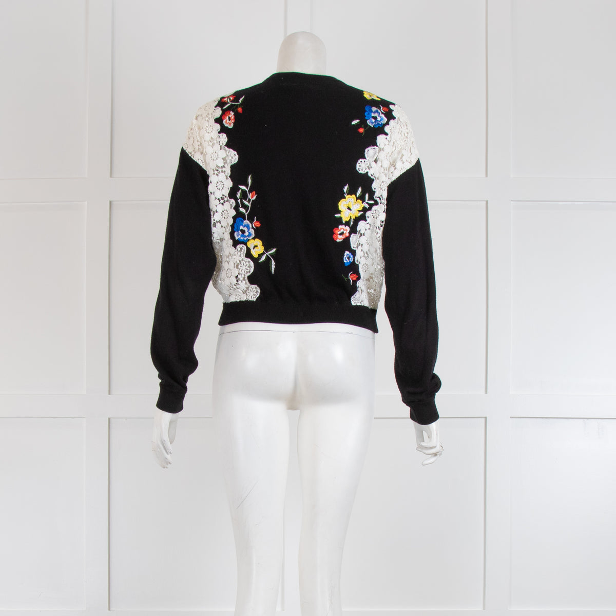 Alice & Olivia Black Cardigan with Lace Inserts & Floral Stitching