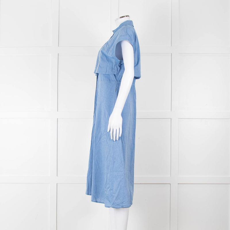 Woolrich Pale Blue Cotton Short Sleeve Dress With Button Front