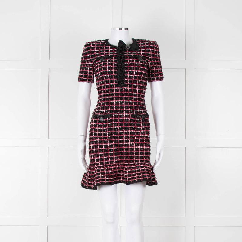 Self-Portrait Red and Black Tweed Stretch Mini Dress with Bow Brooch