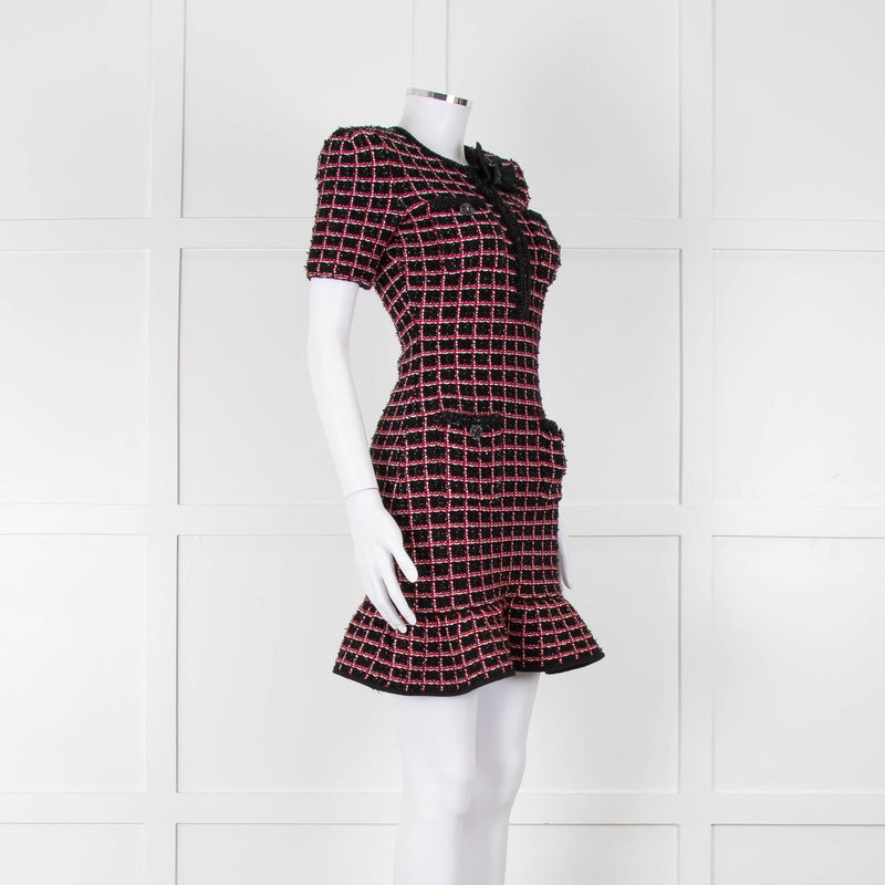 Self-Portrait Red and Black Tweed Stretch Mini Dress with Bow Brooch