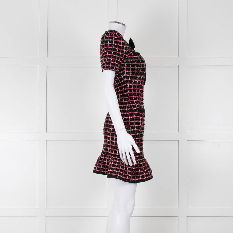 Self-Portrait Red and Black Tweed Stretch Mini Dress with Bow Brooch