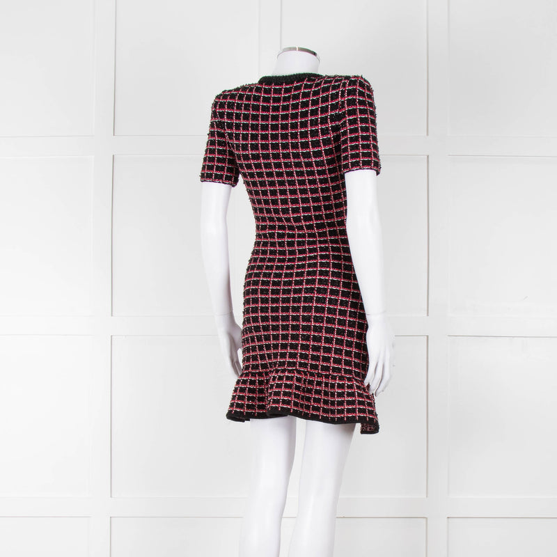 Self-Portrait Red and Black Tweed Stretch Mini Dress with Bow Brooch