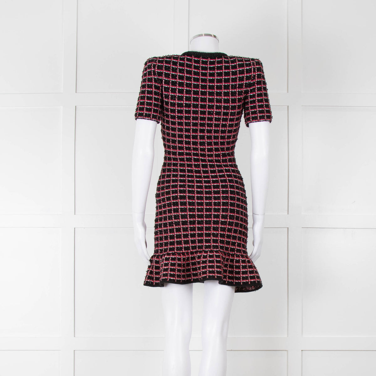 Self-Portrait Red and Black Tweed Stretch Mini Dress with Bow Brooch