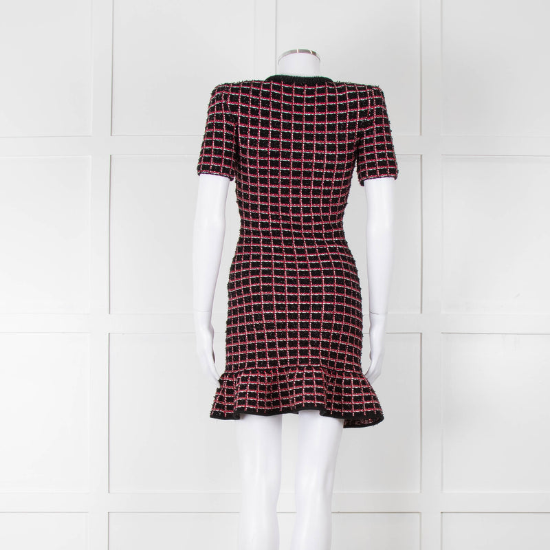 Self-Portrait Red and Black Tweed Stretch Mini Dress with Bow Brooch