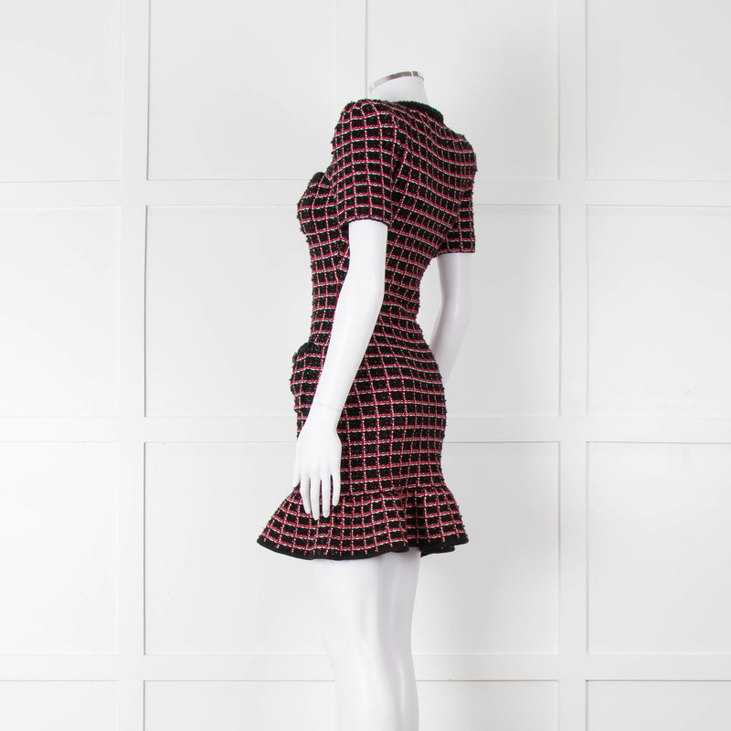 Self-Portrait Red and Black Tweed Stretch Mini Dress with Bow Brooch