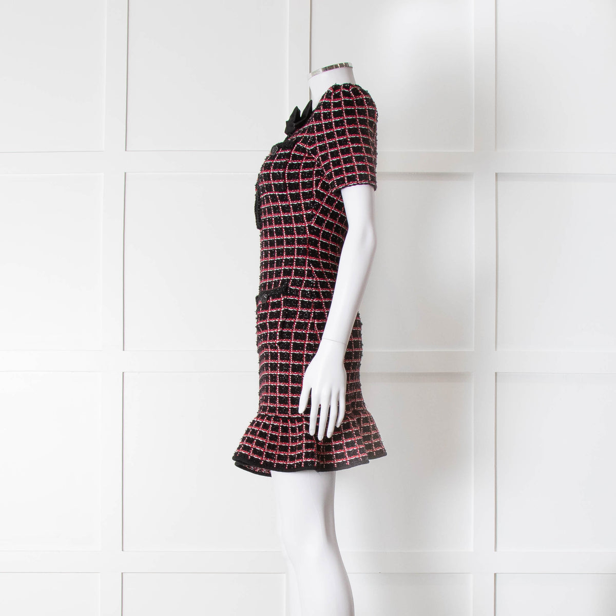 Self-Portrait Red and Black Tweed Stretch Mini Dress with Bow Brooch
