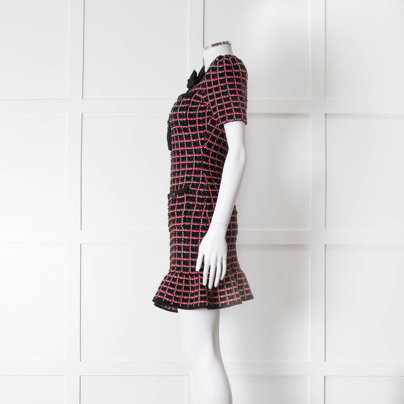 Self-Portrait Red and Black Tweed Stretch Mini Dress with Bow Brooch
