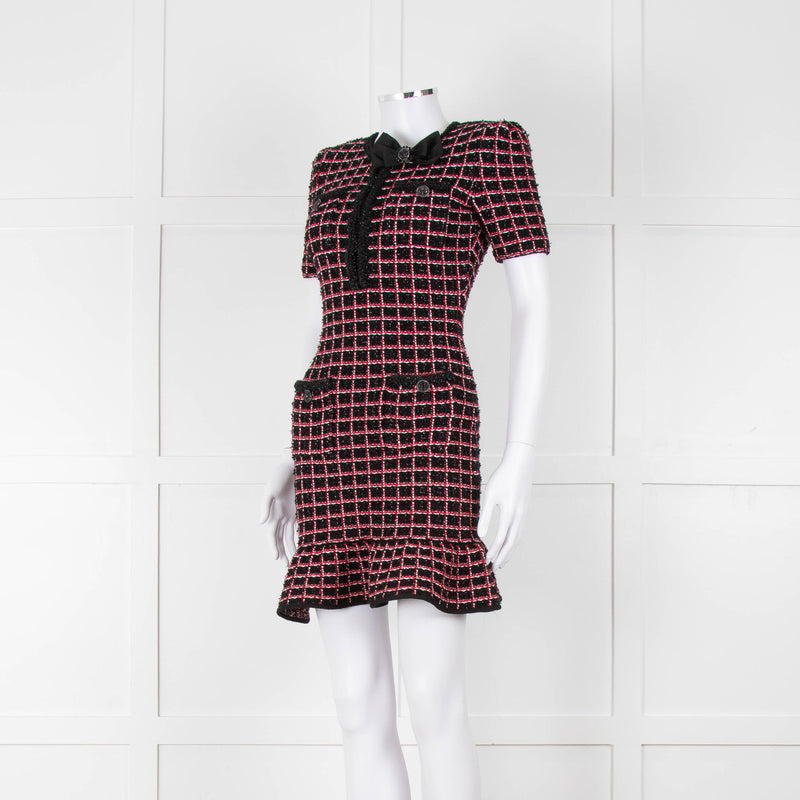 Self-Portrait Red and Black Tweed Stretch Mini Dress with Bow Brooch